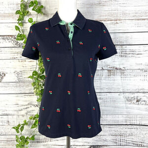 Talbots Polo Shirt size Extra Small Navy Blue red Cherries Golf Casual Vacation